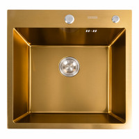 Кухонна мийка PLATINUM 50*50 PVD золото Handmade (3,0/1,5 мм корзина та дозатор в комплекті)