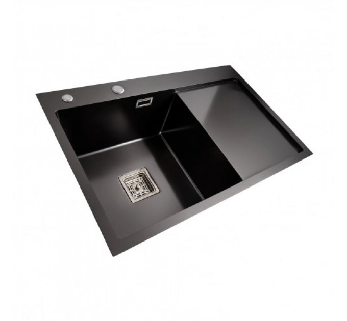 Кухонна мийка PLATINUM 78*50B L PVD Black Handmade (два отвори ,квадратний сифон 3.0/1.0)